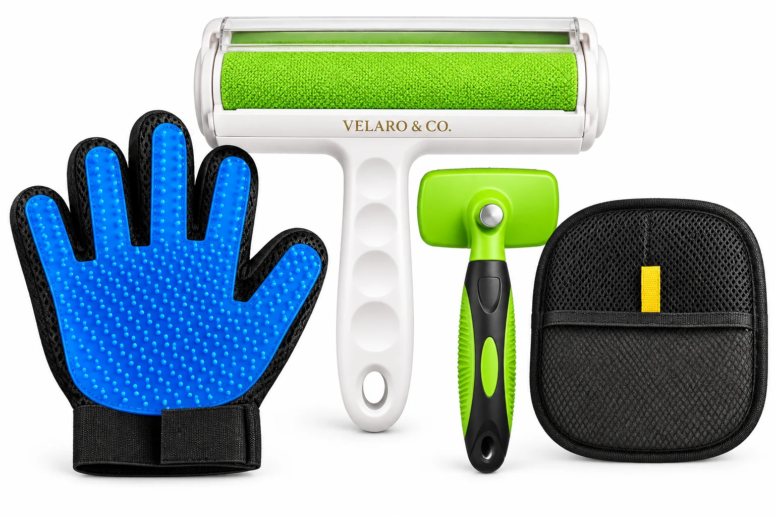 The four VELARO & CO. tools in Green: reusable pet hair roller, silicone grooming glove, self-cleaning fur removal brush and storage/cleaning pad
