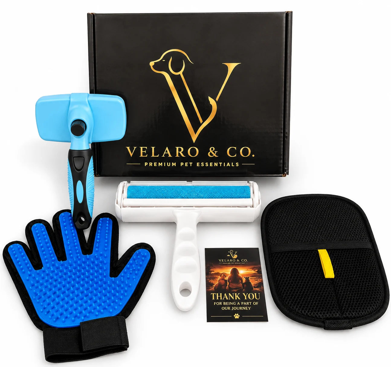 The Light Blue kit laid out with its black and gold gift box and thank-you card