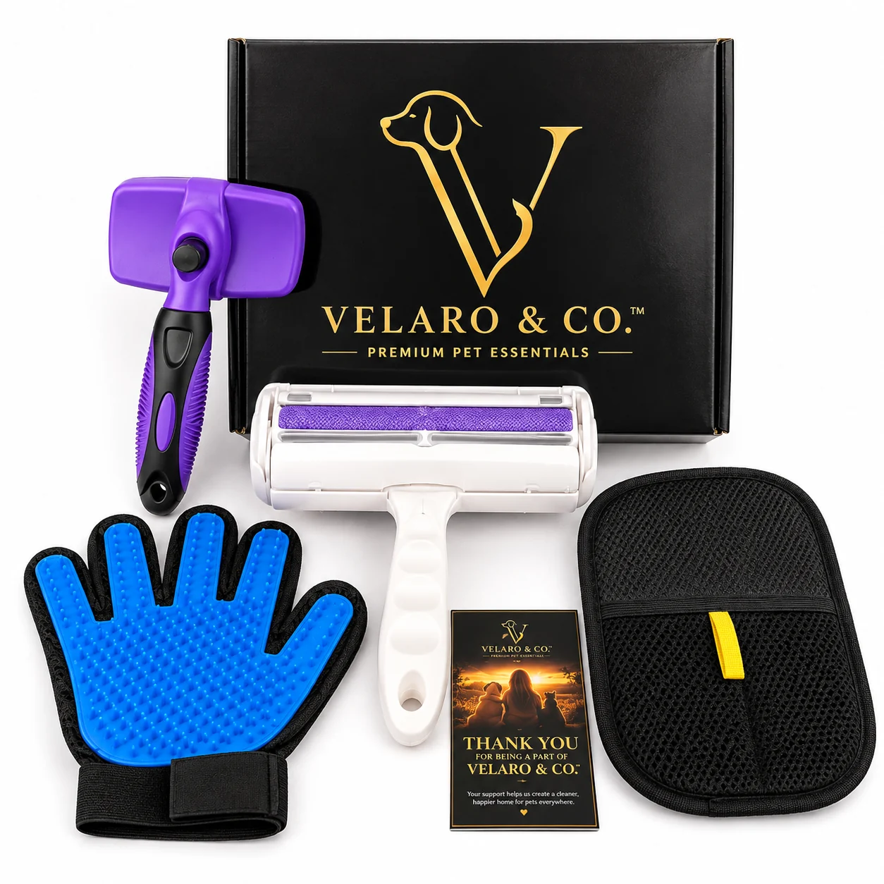 The VELARO & CO. kit in Purple: gift box, self-cleaning fur removal brush, reusable pet hair roller, silicone grooming glove, storage/cleaning pad and thank-you card