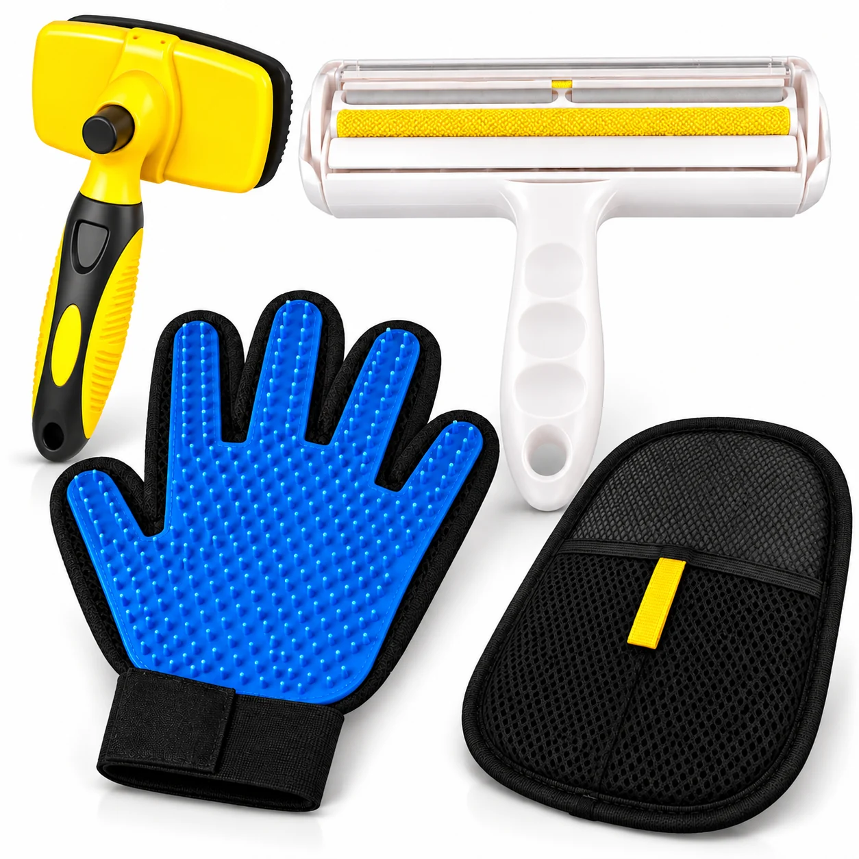 The four VELARO & CO. tools in Yellow: self-cleaning fur removal brush, reusable pet hair roller, silicone grooming glove and storage/cleaning pad