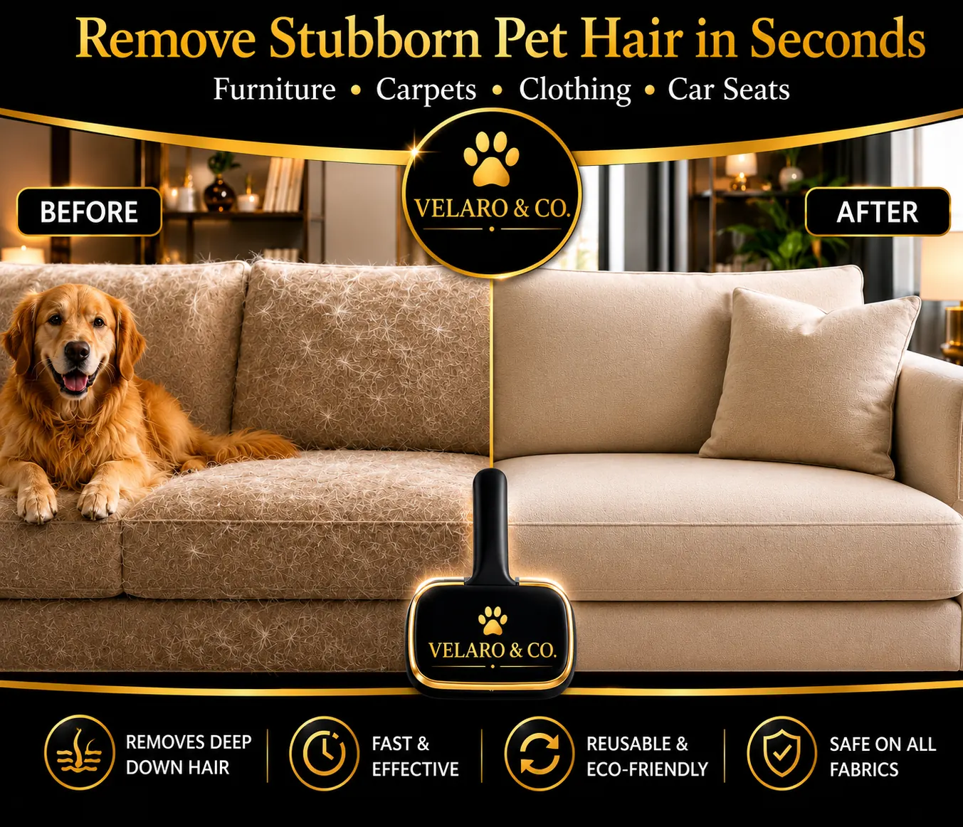 Before and after removing pet hair from a couch with VELARO & CO.