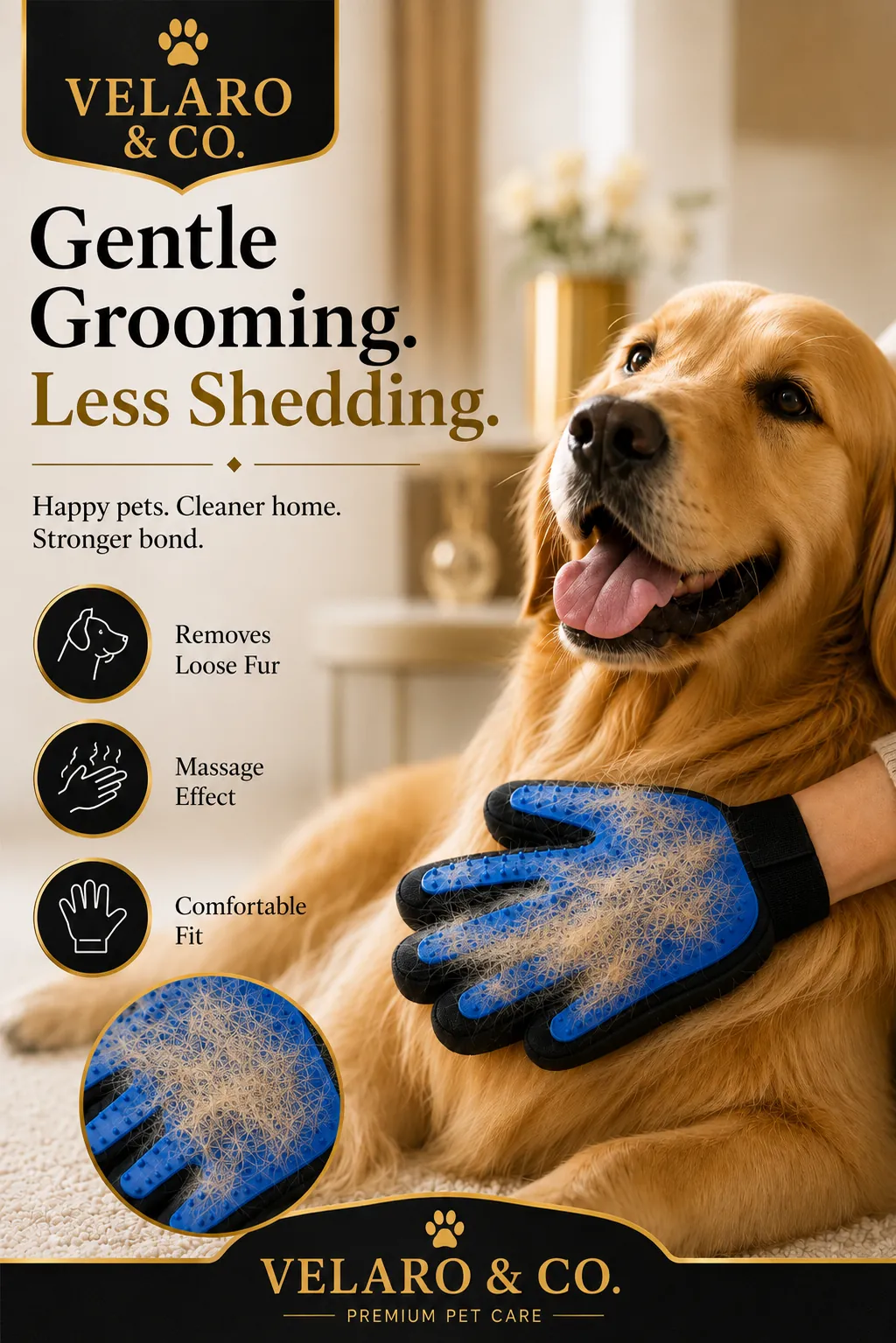 Grooming glove being used on a golden retriever