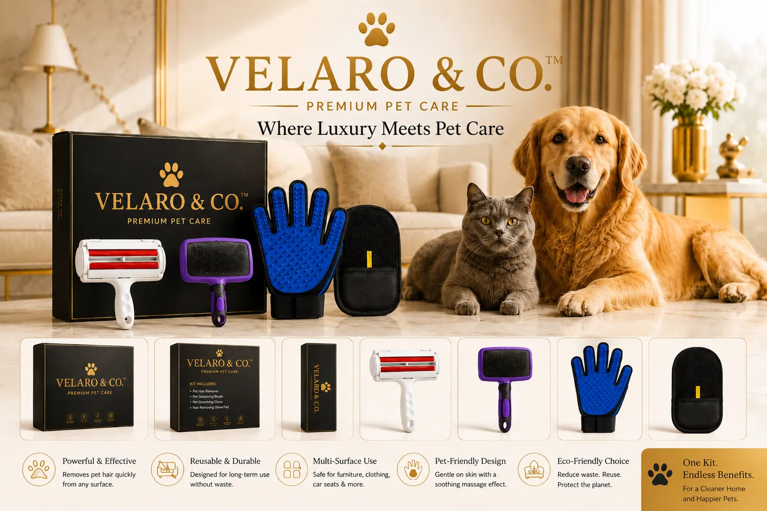 VELARO & CO. Pet Hair Remover Kit with a golden retriever and cat