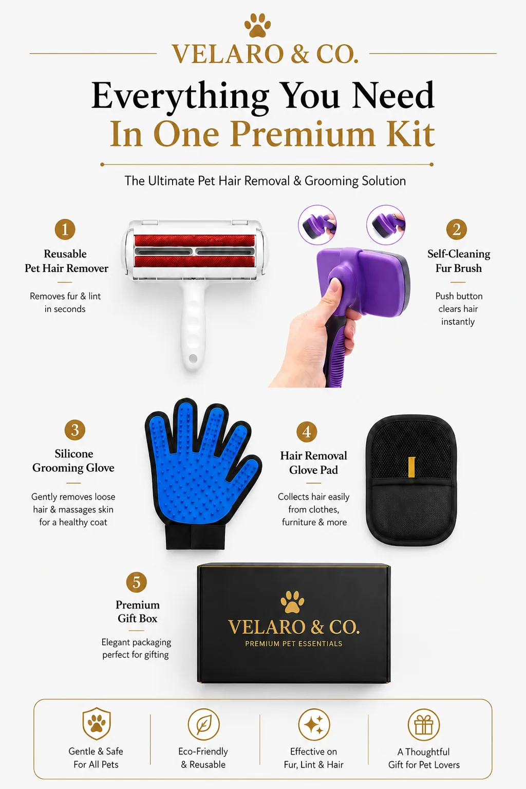 VELARO & CO. Pet Hair Remover Kit components