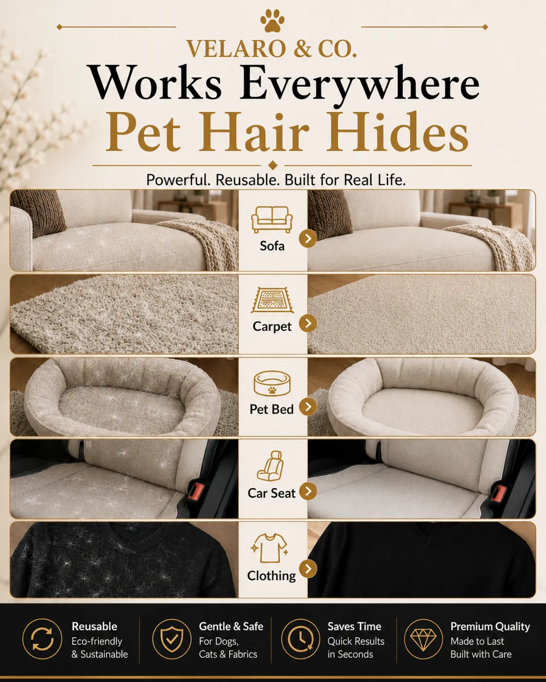 VELARO & CO. multi-surface pet hair removal: sofa, carpet, pet bed, car seat, clothing