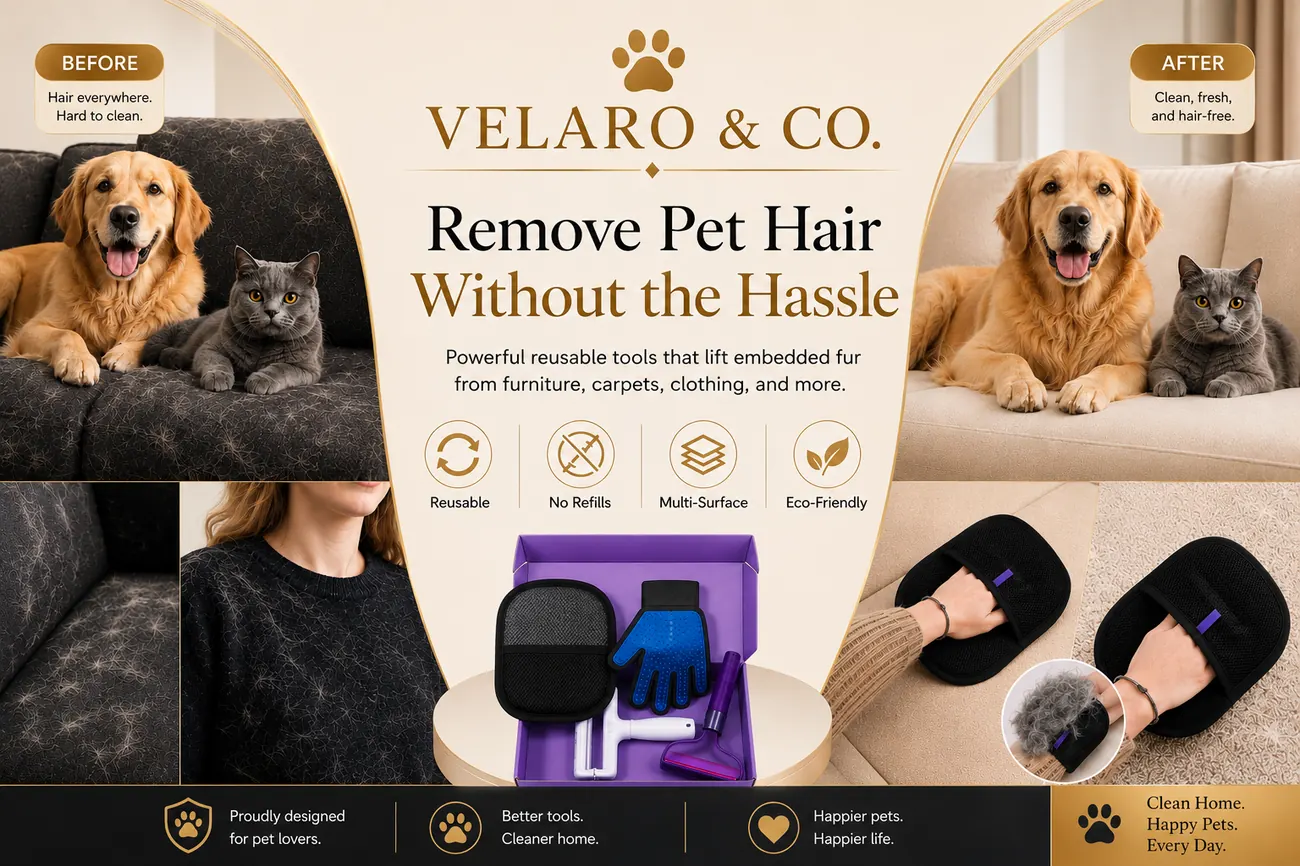 VELARO & CO. reusable pet hair removal kit, before and after